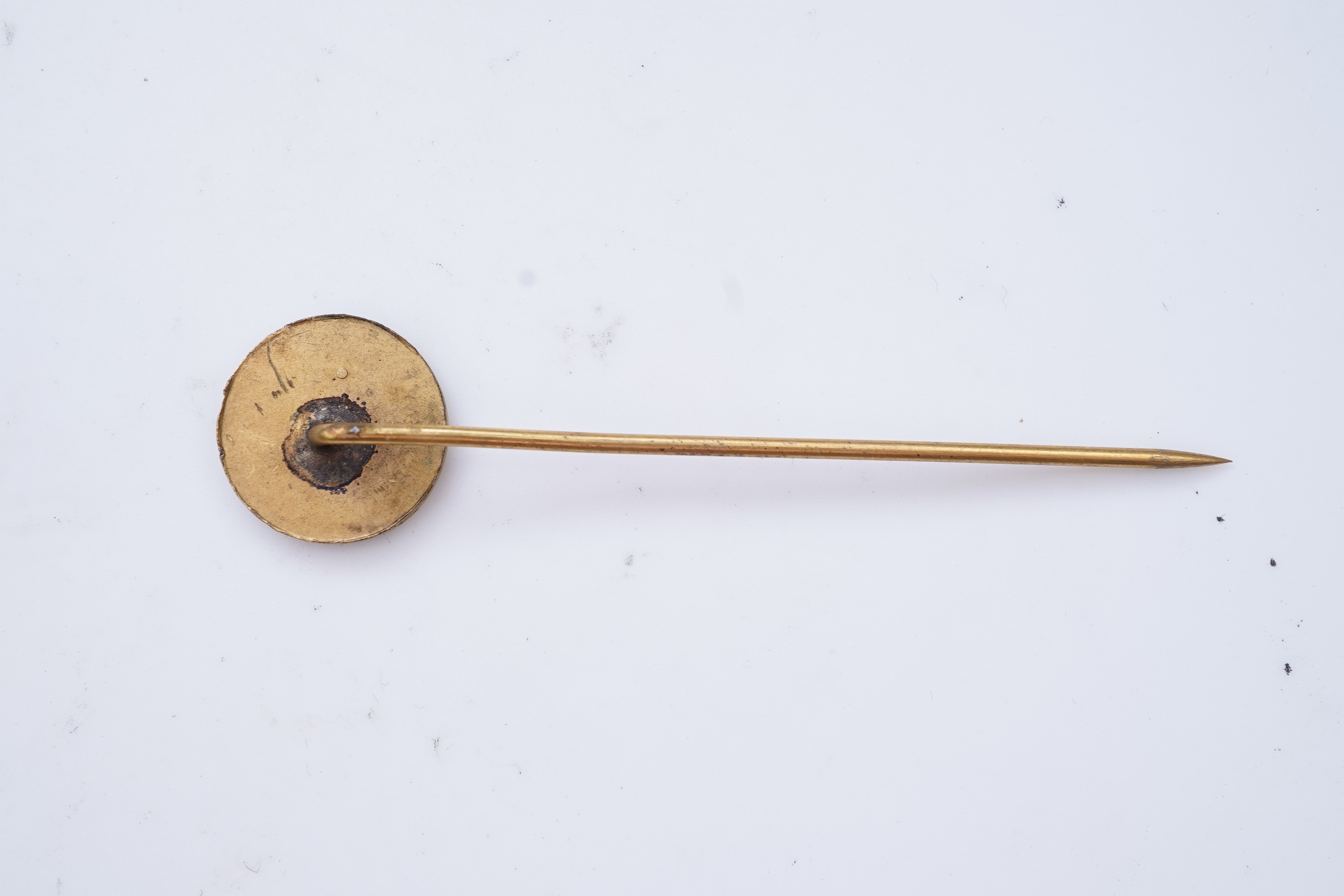 A collection of six stick pins, comprising: three gold stick pins, one set with a hardstone cameo, Austrian assay marks; a gold stick pin with a faceted edge; and a gold stick pin of Masonic design, stamped 9CT, combined